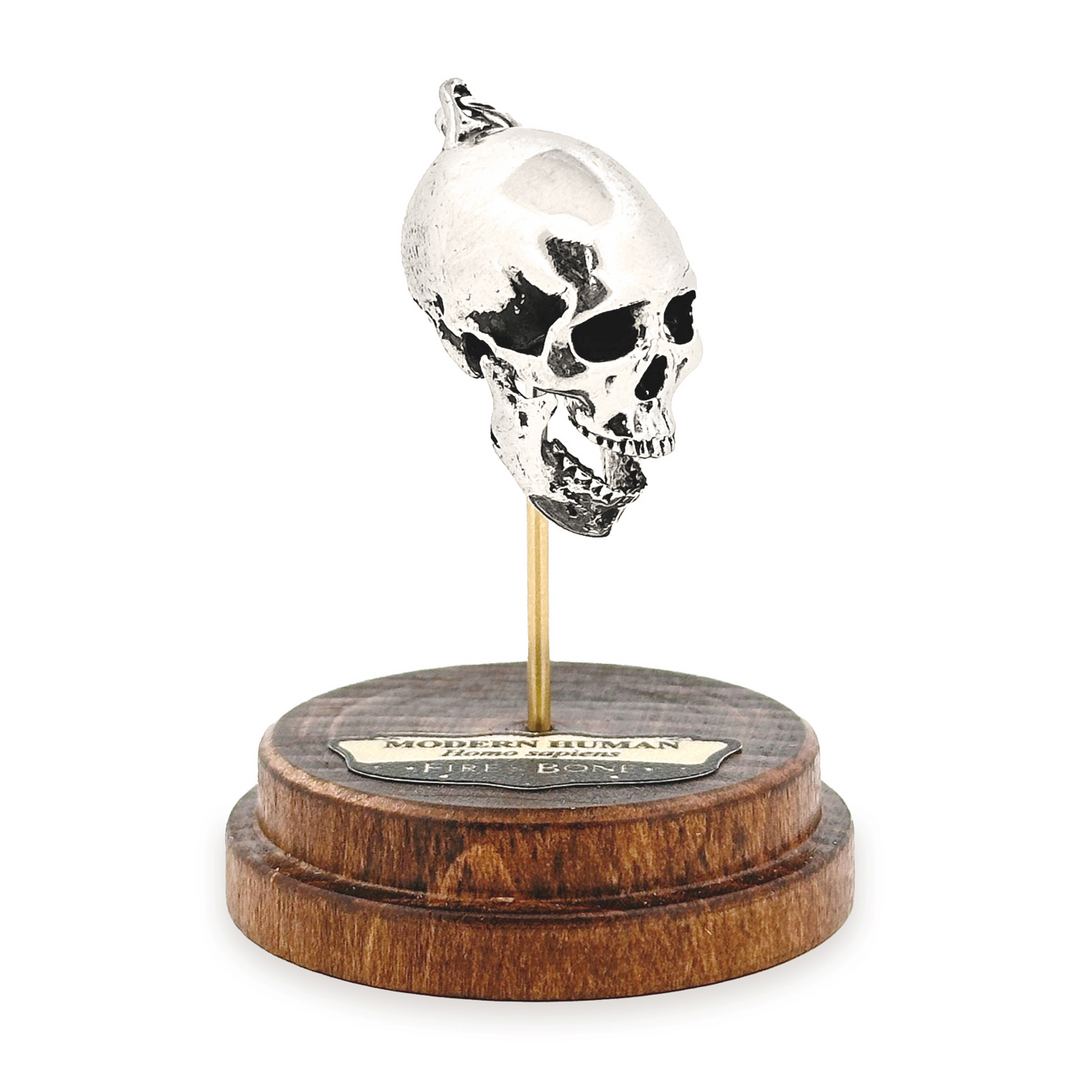 Sterling Silver Modern Human Skull Pendant by Fire & Bone