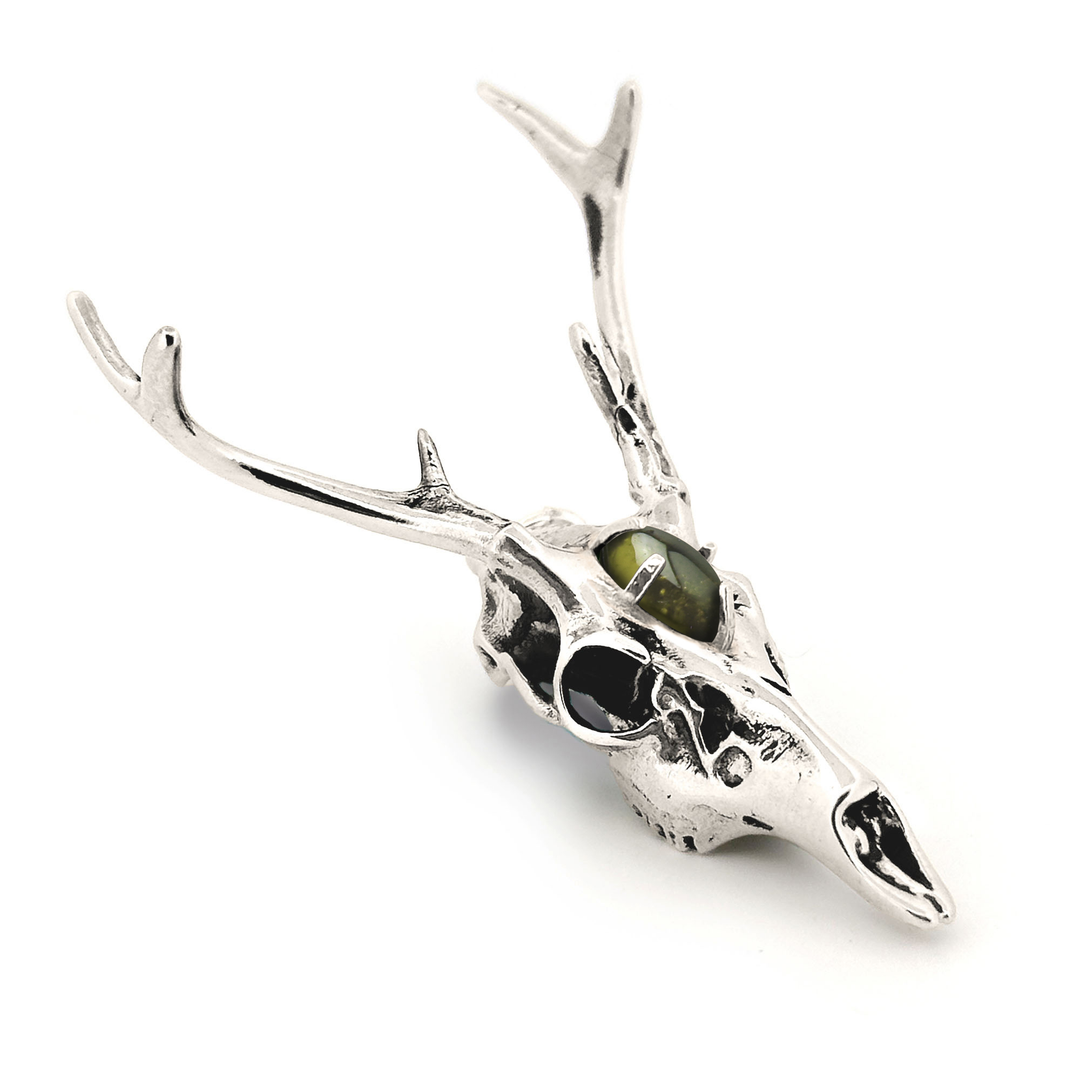 Sterling Silver Gemstone White-Tailed Deer Skull Pendant by Fire & Bone