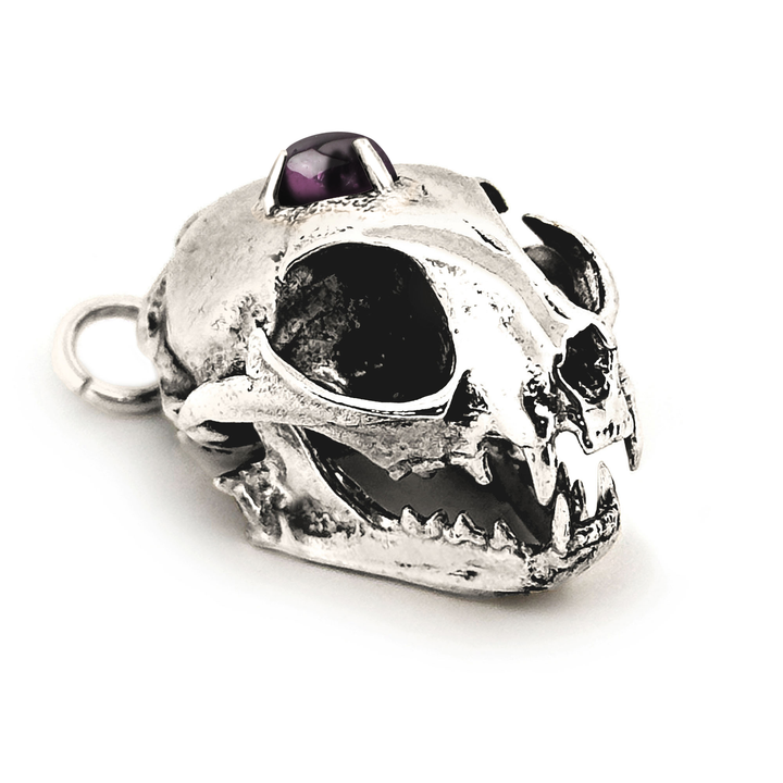 Sterling Silver Gemstone Domestic Cat Skull Pendant by Fire & Bone