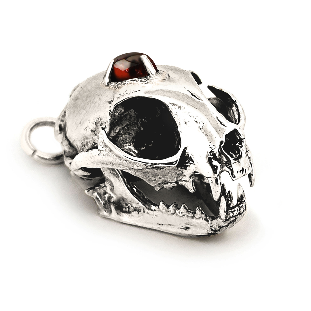 Sterling Silver Gemstone Domestic Cat Skull Pendant by Fire & Bone