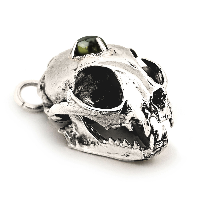 Sterling Silver Gemstone Domestic Cat Skull Pendant by Fire & Bone